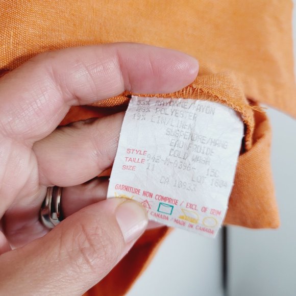 Vice Versa Vintage Blouse Smock Short Sleeve Orange Linen Blend Collared Pockets - Picture 5 of 10